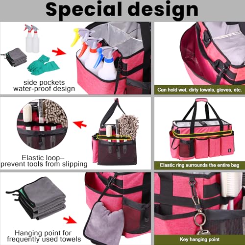 Extra large Cleaning Caddy Bag Built-in Sturdy Support Board, Cleaning Organizer with Detachable Divider, Cleaning Supply Tote with Adjustable Shoulder Strap (Pink, 19'' x 11'' x 11'') - color: Pink