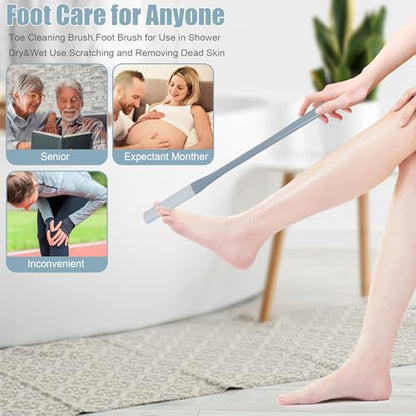 OWIIZI Toe Cleaning Brush 15.7" Foot Scrubber in Shower with Long Handle Silicone Gap Brush Between Toes Cleaner Soft Feet Care Scrub for Seniors,Elderly, Men and Women- 2Pack - color: Grey