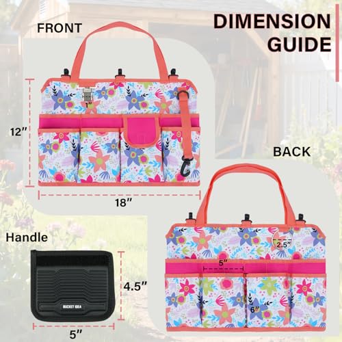 KUNN 5 Gallon Bucket Organizer 18-Pocket Bucket Tool Bag with Hangable Handle, Heavy-Duty Garden Tool Organizer Bag for Gardening Tools, Fits 3.5-5 Gal Buckets, Includes Comfort Grip Pad, Red - style: White Blossom