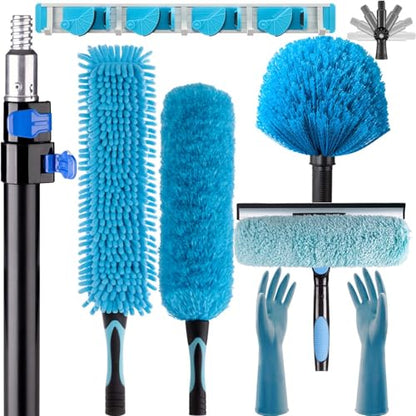 16 Foot High Reach Ceiling Fan Duster with 4.5-8ft Heavy Duty Extension Pole, Microfiber Feather, Cobweb Duster, Window Squeegee Kit Cleaner, Cleaning Gloves - size: 8ft