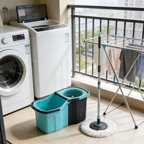 Spin Mop and Bucket System for Floor Cleaning - 360° Rotating Mop with Detachable Bucket - 2 Machine Washable Microfiber Heads - Stainless Steel Handle for Hardwood, Tile, and Laminate