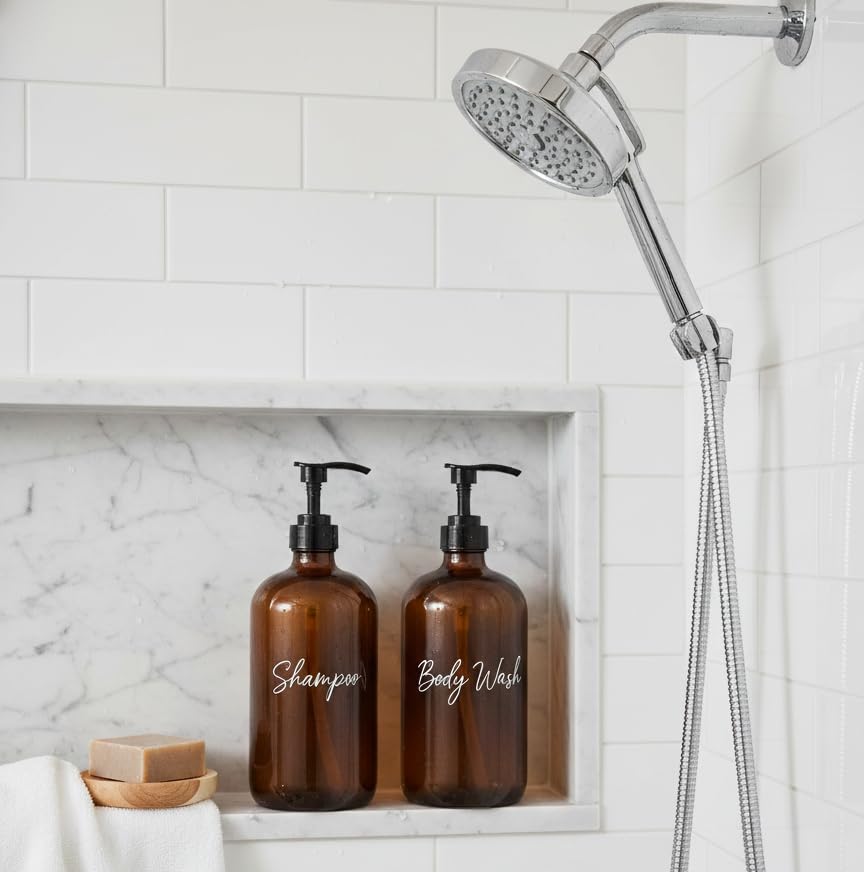 32 Ounce Glass Pump Dispenser Bottle, Large Amber Container with Pump for Shower and Bath Shampoo Soap Conditioner Lotion - 1 Liter - by Kitchentoolz - color: Amber, size: Pack of 4