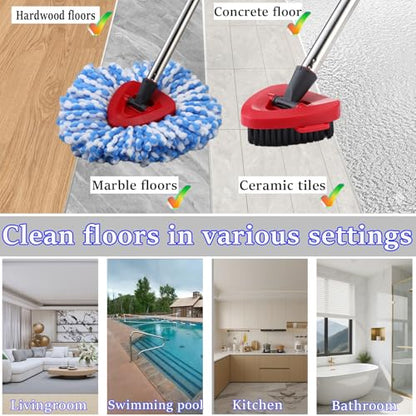 Mop Heads Replacement Handle for Ocedar RinseClean 2-Tank System, 2 Microfiber Mop Refills, 1 Mop Handle (30-58in Adjustable 4-Section Pole), 2 Scrub Brush, 1 Spin Base for O Cedar RinseClean