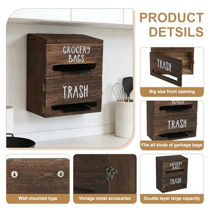 2 in 1 Trash Bag Dispenser, Double Wall Mounted,Wood Trash Bag Holder, used in kitchen, garage, laundry room, can store Environmentally friendly food bags and garbage bags(Dark Wood - color: Dark Wood/Large(10inch*5.5inch*12.2inch)