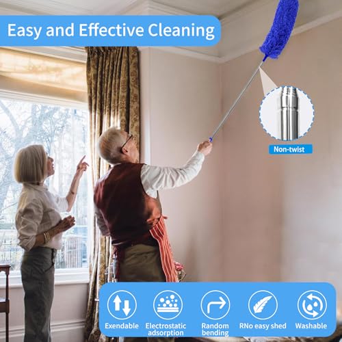 6-in-1 Duster for Cleaning Kit, Extendable Duster with Stainless Steel Pole - Microfiber, Ceiling Fan Cleaner Dusters and Chenille Dusters, Bendable Cobweb Removers for High Ceilings, Fans, Blinds - color: Blue