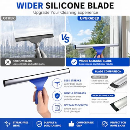 ITTAR Window Squeegee with 2 Sets Separate Pole, 12" Rubber Squeegee and 11" Microfiber Pads, 60"-73.6" Telescopic Window Cleaning Kit with Rotating Head for High Windows, Shower Glass, Car Windshield