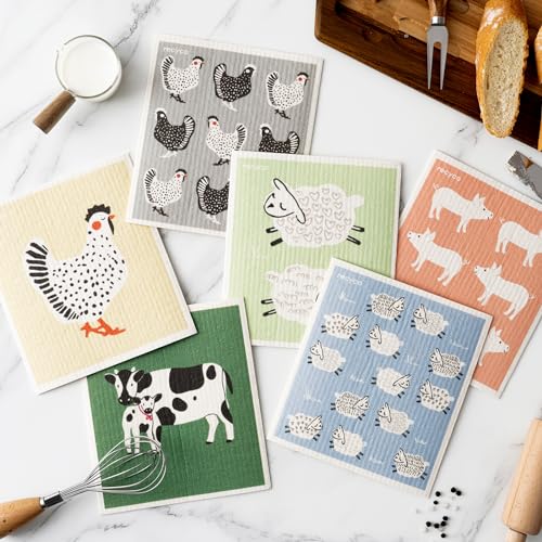 RECYCO Swedish Dishcloths for Kitchen | 6 Pack Farmhouse Friends Washable Dish Rags | Cellulose Reusable Cleaning Paper Towels | Absorbent Counter Dish Cloth Sponge Kitchen Wipes, 8" L x 7" W - color: Farmhouse Friends - 6 Pack