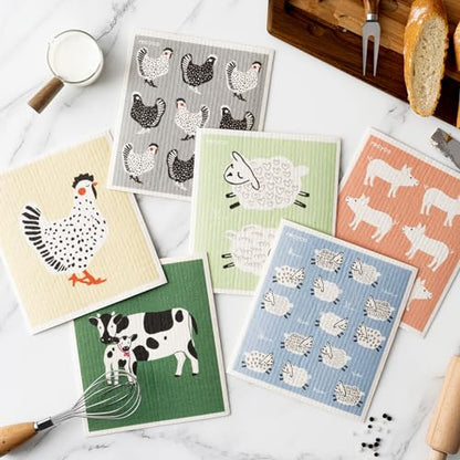 RECYCO Swedish Dishcloths for Kitchen | 6 Pack Farmhouse Friends Washable Dish Rags | Cellulose Reusable Cleaning Paper Towels | Absorbent Counter Dish Cloth Sponge Kitchen Wipes, 8" L x 7" W - color: Farmhouse Friends - 6 Pack
