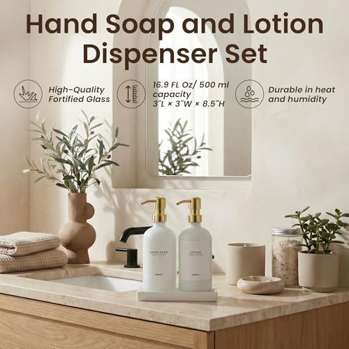 MaisoNovo Soap and Lotion Dispenser Set - Bathroom Soap Dispenser Set with White Soap Dispenser, Gold Pumps & Ceramic Tray - color: White Bottles/ Golden Pumps/ White Ceramic Tray