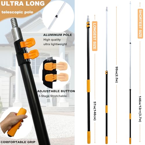 20 Ft+ Reach 2 In 1 Window Squeegee Duster with 5-to-12 Foot Extension Pole, Cleaner Tool with 3-Stage Telescoping Pole, Cleaning Kit with Rotatable Head - Chenille Cloth + Microfibre Cloths Head