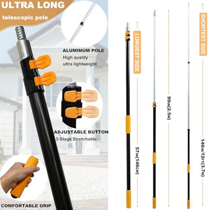 20 Ft+ Reach 2 In 1 Window Squeegee Duster with 5-to-12 Foot Extension Pole, Cleaner Tool with 3-Stage Telescoping Pole, Cleaning Kit with Rotatable Head - Chenille Cloth + Microfibre Cloths Head