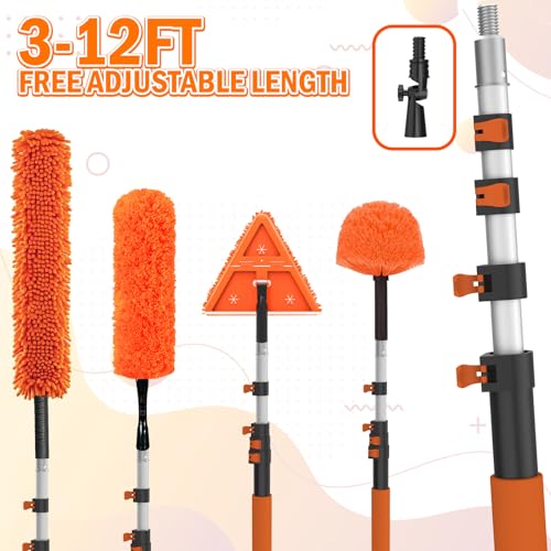 LAANPOLE 20FT Reach Dusters for Cleaning, Ceiling Fan Cleaner Duster with Extension Pole, Wall and Baseboard Cleaner Mop with Handle for Window Cobweb Fan Blade and High Ceiling - size: 12FT
