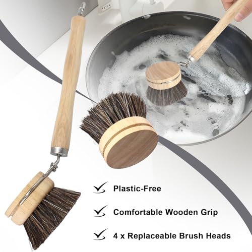Wooden Dish Brush Set, 4 Natural Bristle Replacement Heads with 1 Sturdy Wooden Handle, Horsehair Kitchen Scrub Brush for Pots, Pans, Vegetables and Cookware - size: Soft