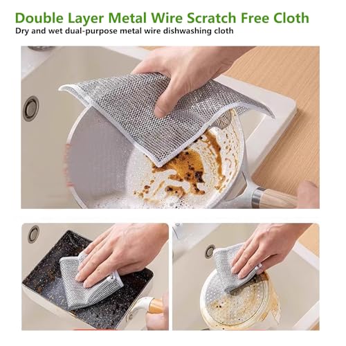 ANIS·KEAAR 10 Pack 2025 Upgraded Double Layer Non-Scratch Wire Dish Cloth, Multipurpose Wet & Dry Metal Scrub Rags for Dishes, Cookware, Sinks, Stoves