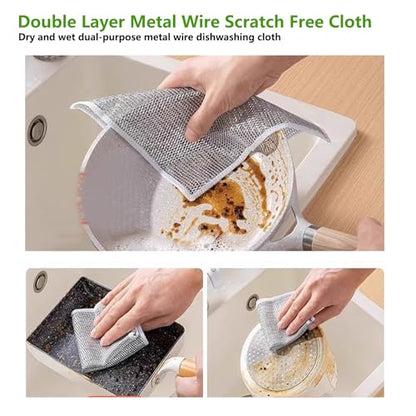 ANIS·KEAAR 10 Pack 2025 Upgraded Double Layer Non-Scratch Wire Dish Cloth, Multipurpose Wet & Dry Metal Scrub Rags for Dishes, Cookware, Sinks, Stoves