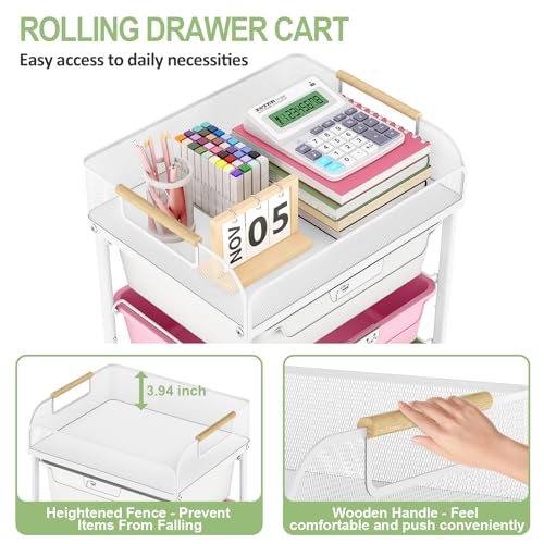SYKIARIOL Rolling Cart with 4 Drawers,4 Tiers Rolling Utility Cart Craft Cart,Rolling Storage Drawer Cart with Mesh Top,Storage Cart with Drawers & 4 PCS DIY Lable, Classic Colorful
