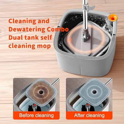 Spin Mop and Bucket with M16 Self Separation Dirty and Clean Water System with 2Pads, Self Wringing 360° Rotating Clean Mop-Head and Bucket Set for Hardwood Tile Marble Floors Mop-Grey - size: Grey Mop Set with 2 Pads