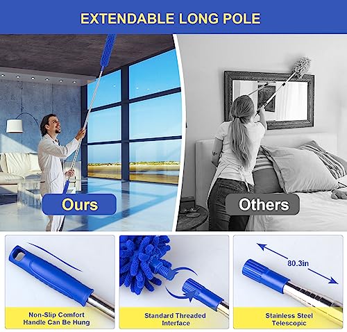 Dusters for Cleaning, Newliton Duster with Extension Pole Microfiber Ceiling Fan Cobweb Duster, Long Duster for High Ceilings Wall Refrigerator Appliance Baseboard Home Furniture Blinds - color: Blue