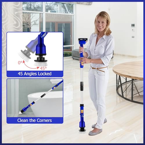 2 Batteries Electric Cleaning Brush for Bathroom, 1200RPM Power Cordless Spin Scrubber with 6 Replaceable Brush Heads and Telescopic Handle, 2 Speeds for Shower Bathtub Kitchen Window Car