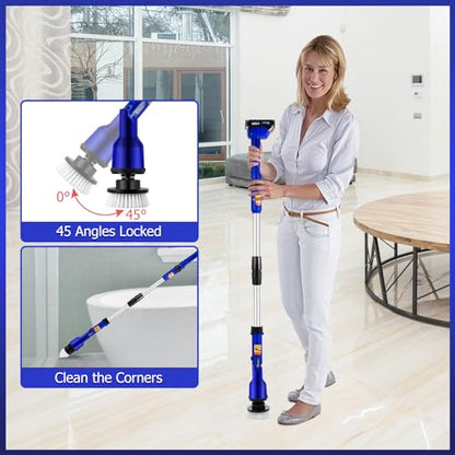 2 Batteries Electric Cleaning Brush for Bathroom, 1200RPM Power Cordless Spin Scrubber with 6 Replaceable Brush Heads and Telescopic Handle, 2 Speeds for Shower Bathtub Kitchen Window Car