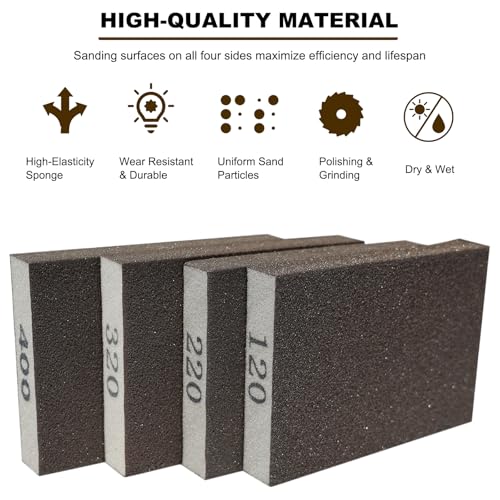 4 Pack Hand Sanding Sponge Set -120 220 320 400 Grit- Coarse Medium Fine Grit Sanding Block, Sander Sponges for Wood-Working Drywall Metal, Washable and Reusable Sponge for Rust Removal Polishing - size: 4 Pack