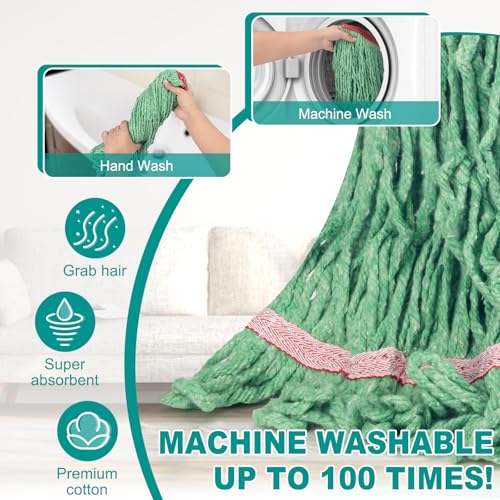 KeFanta 60 Inch Loop-End String Mop Heavy Duty Commercial Mops for Floor Cleaning,Industrial Cotton Wet Mop with Extra Mops Head Replacement(Green)