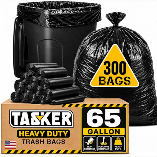 TASKER 300 Bags, 64-65 Gallon Trash Bags Heavy Duty, Large Black Garbage Bags, Wide Mouth Trash Can Liners for 60, 64, 65 and 70 Gallon Cans to Fit Toter Cart Liners for Outdoor Lawn Yard Cleanup - size: 300 Count (Pack of 1)
