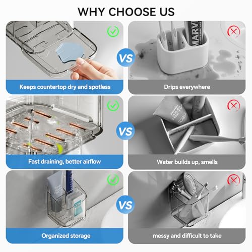Toothbrush Holders for Bathrooms, 3 Slots Detachable Electric Toothbrush Holder Wall Mounted with Divider, Removable Tooth Brush and Toothpaste Holder Organizer for Bathroom/Kitchen/Office - color: Grey