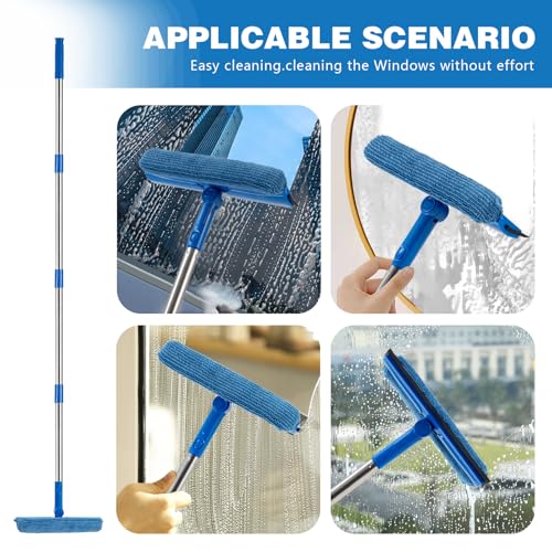 Windows Squeegee 56" Long Handle, 2-in-1 Glass Cleaner with Microfiber Pad and Rubber Blade – Extendable Stainless Steel Squeegee for Shower Doors, Car Windshield, Home Windows and Mirrors