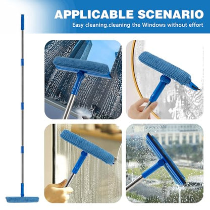 Windows Squeegee 56" Long Handle, 2-in-1 Glass Cleaner with Microfiber Pad and Rubber Blade – Extendable Stainless Steel Squeegee for Shower Doors, Car Windshield, Home Windows and Mirrors