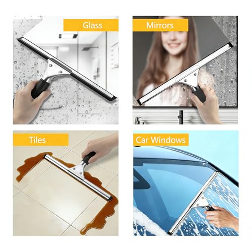 14-inch Squeegee for Shower Glass & Window Cleaning, Professional Stainless Steel Squeegee with Durable Handle for Streak-Free Glass, Mirror, Tile & All Smooth Surfaces - color: Black+silver