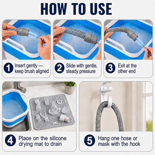 CPAP Cleaning Kit with 40 x 50 cm Thick Silicone Drying Mat, Collapsible Wash Basin, 78.7 in Hose Brush for 22 mm & 15 mm Tubing, Detail Brush, Hook & Mesh Bag for CPAP/BiPAP Hose & Mask Care - color: Pro