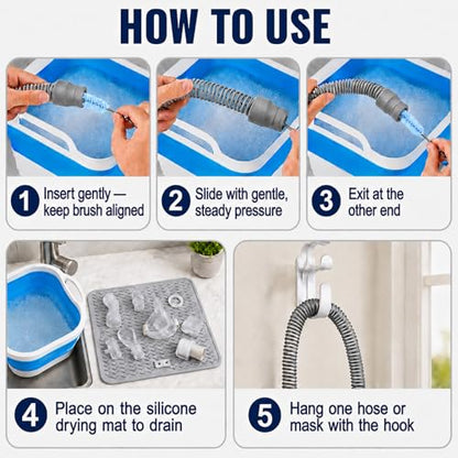 CPAP Cleaning Kit with 40 x 50 cm Thick Silicone Drying Mat, Collapsible Wash Basin, 78.7 in Hose Brush for 22 mm & 15 mm Tubing, Detail Brush, Hook & Mesh Bag for CPAP/BiPAP Hose & Mask Care - color: Pro