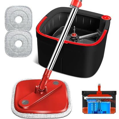 Spin Mop and Bucket with M16 Self Separation Dirty and Clean Water System with 2pads, Self Wringing 360° Rotating Clean Mop-Head and Bucket Set for Hardwood Tile Marble Floor-(Black+Red) - size: Black+Red Mop Set with 2 Pads