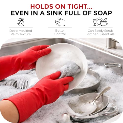 LADWA Non-Slip Household Cleaning Reusable Dishwashing Gloves for Kitchen Gardening Flexible Long-lasting Waterproof Gloves - color: Red, size: Pack of 5