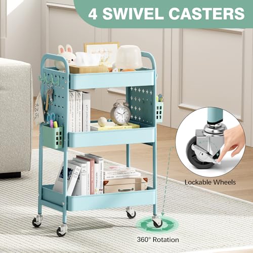 KINGRACK 3 Tier Rolling Cart with DIY Pegboard, Metal Utility Cart with Wheels, Hooks & Baskets, Sturdy Storage Organizer for Craft, Bathroom, Kitchen, Office, Nursery, Classroom（Blue） - color: Blue