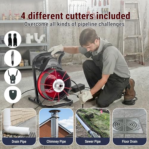 75FT x 1/2 Inch Drain Cleaner Machine, Manual Feed Electric Drain Auger for 2"-6" Pipes, Sewer Snake Auger with 4 Cutters & Pneumatic Foot Switch - style: 75FT x 1/2inch
