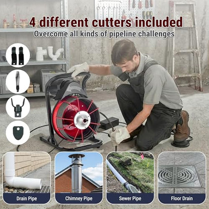 75FT x 1/2 Inch Drain Cleaner Machine, Manual Feed Electric Drain Auger for 2"-6" Pipes, Sewer Snake Auger with 4 Cutters & Pneumatic Foot Switch - style: 75FT x 1/2inch