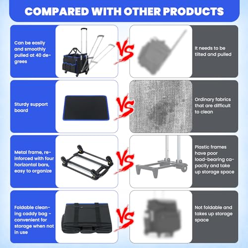 Large Rolling Cleaning Caddy Bag with Detachable Trolley, Cleaning Supplies Organizer Caddy on Wheels with Multi-pocket & Waist Pouch, Water Resistant Cleaning Cart with Shoulder Strap for Housekeeper