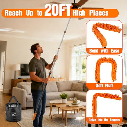 SISUPASSIE 20FT Reach High Ceiling Duster Kit, Window Cleaning kit with 3-12FT Extension Pole, Fan Duster for Ceiling Fan Blades, Microfiber Feather Duster, Window Squeegee, Bucket and Cobweb Duster - size: 12FT