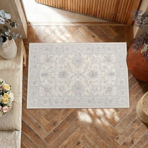 HUGEAR 2x3 Rug Cream Blue Vintage Machine Washable Entryway Rug Small Area Rugs Room Decor Distressed Indoor Door Mat Low Pile Non Slip Carpet for Kitchen Living Bedroom Soft Lightweight - color: Cream Blue, size: 2' x 3' (Rectangular)