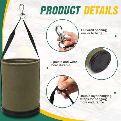 2 Pack Canvas Bucket 15" x 12" Heavy Duty Lineman Tool Bag with Plastic Bottom & Metal Hook Electrician Tool Organizer for Jobsite Use, Load Rated up to 150 Pounds (Army Green) - color: Army Green