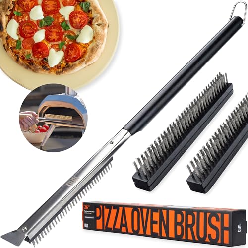 26'' Pizza Oven Brush with Stone Scraper - Includes 3 Brush Heads, Heat-Resistant Silver Stainless Steel Bristles - Long Grip Handle, Compatible with Ooni, Gozney, Blackstone, Solo Stove Ovens - color: Black - 3 Brush Heads