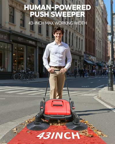 41" Industrial Walk-Behind Hand Push Floor Sweeper | 14.5 Gallon Large Capacity, 46000 SqFt/Hour, Indoor, Outdoor Use Cleaning of Dust Litter Grass - color: Red