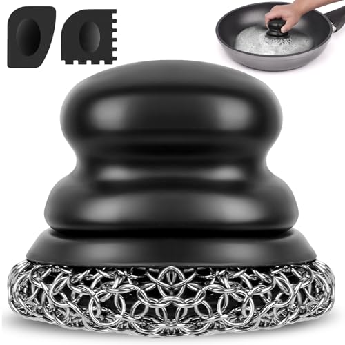Cast Iron Scrubber and Scraper, Chain Mail Scrubber Cast Iron for Cleaning Dishes, Stock Pots, Pans, Griddles, Grills, Dish Scouring Pads - color: Black Coarse Mesh