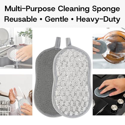 Multi-Purpose Scrub Kitchen Sponges – 12 Pack Dish Sponge, Dual-Sided Non-Scratch Microfiber & Metal Scrubber, Reusable Sponges for Dishes, Pots, Glass, Sink, Stovetop & Bathroom (Gray) - color: Gray