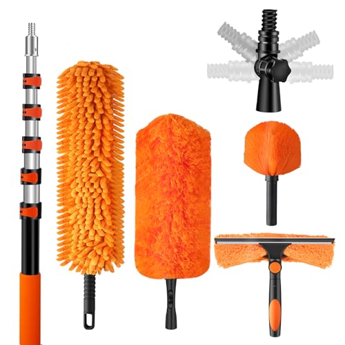 30ft High Reach Duster Kit with Extendable Pole (5-24ft),High Ceiling Duster Kit Includes–Ceiling Fan Blade Cleaner, Cobweb Remover, Bendable Duster, Microfiber Glass Scrubber & Squeegee & Swivel Head - size: 24 feet