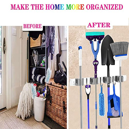 Mop and Broom Holder, 3 Positions 4 Hooks Heavy Duty Hanger Wall Mounted Stainless Steel Organizer for Holders, Home Laundry Bathroom, Garage Storage System Utility Tools Rack Storage, Grey