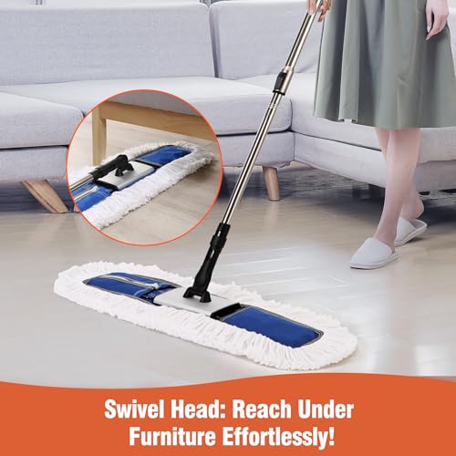 CLEANHOME 24" Heavy-Duty Commercial Dust Mop for Hardwood Floors | Large Areas - with 2 Microfiber Pads, Reinforced Telescoping Handle for Stable Cleaning in Homes, Garages & Commercial Spaces