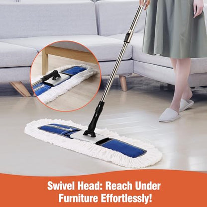 CLEANHOME 24" Heavy-Duty Commercial Dust Mop for Hardwood Floors | Large Areas - with 2 Microfiber Pads, Reinforced Telescoping Handle for Stable Cleaning in Homes, Garages & Commercial Spaces